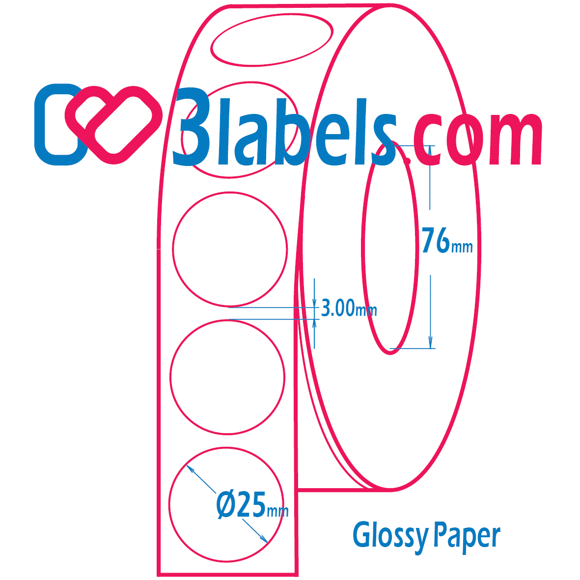 D25mm-inkjet-3labels (1) 3labels etichette bianche lucide in carta premium per la stampa a getto d'inchiostro d25 mm, 2500 pz. - immagine 1